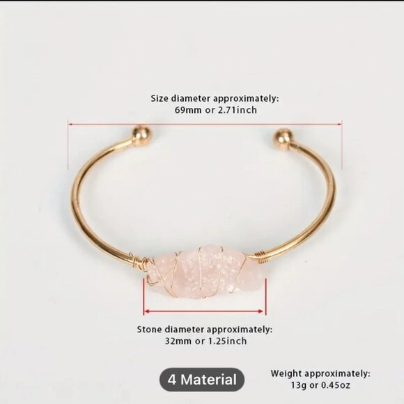 Wire Wrapped Natural Amazonite Gemstone Gold Tone Cuff Bangle - Bohemian Style - Picture 4 of 4